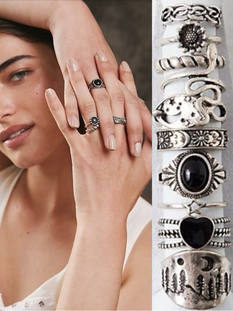 Free People Celestial Western Bohemian Ring Set Silver Onyx Snake Moon Star Nwt